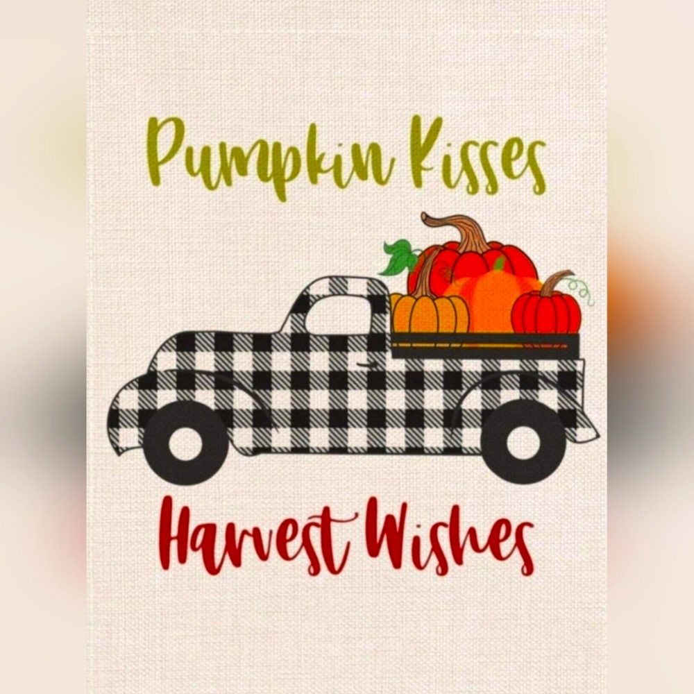 NEW Double-sided Fall Garden Flag w/buffalo plaid truck "Harvest Wishes"
